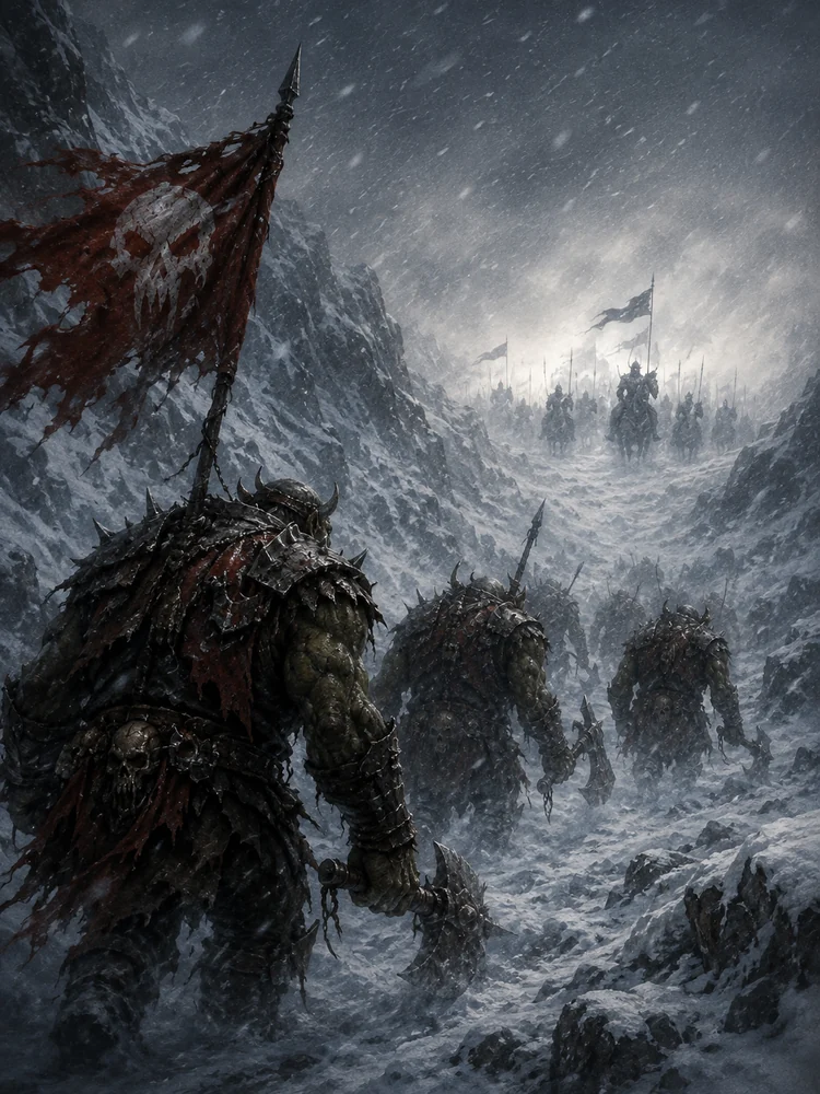 North of the Kill — Warboss Grulk leads the broken horde north through a blizzard