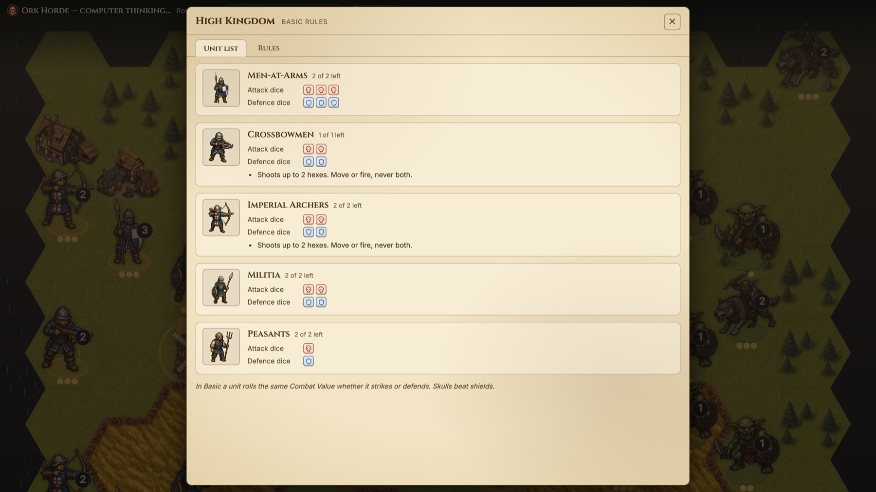 The Army Book listing each unit's attack and defence dice
