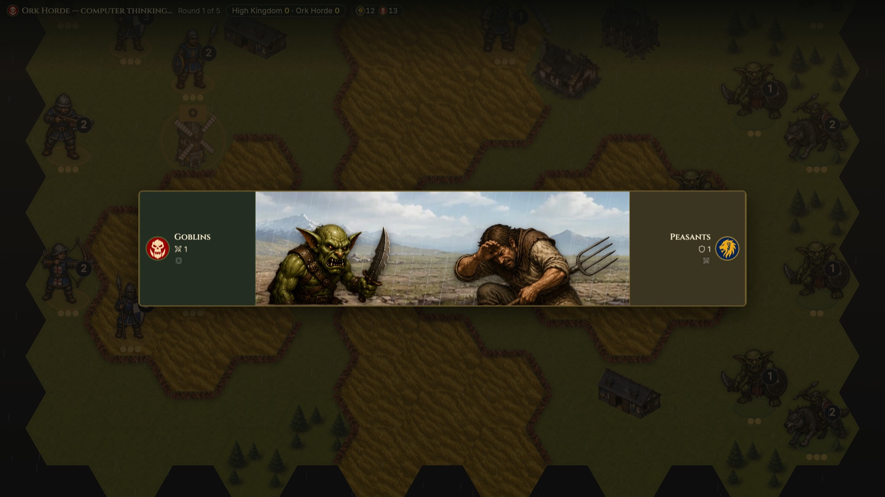 A clash cutscene: goblins against peasants, portraits facing off over the board
