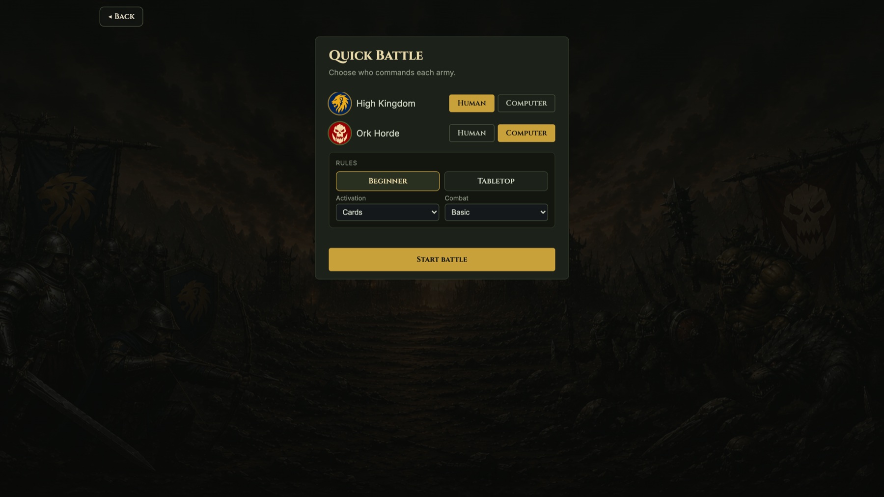 Quick Battle setup — choosing which army each side commands